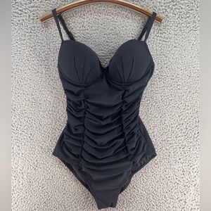 Profile By Gottex Black Ruched Swimsuit Sz 10 Soft Cups Side Wire Tummy Control